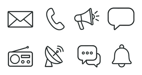 Communication icons: email, phone, megaphone, message, radio, satellite, chat, bell