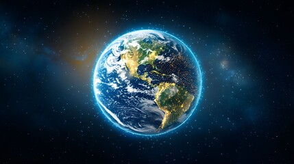 Naklejka premium The image shows a vibrant, detailed rendering of planet Earth against a backdrop of stars and galaxies, surrounded by a glowing blue halo representing its atmosphere.