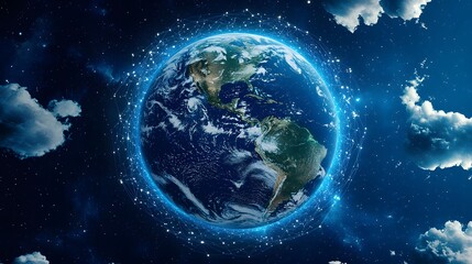 Obraz premium The image showcases Earth surrounded by a glowing network in space, set against a backdrop of twinkling stars and fluffy clouds, symbolizing global connectivity.
