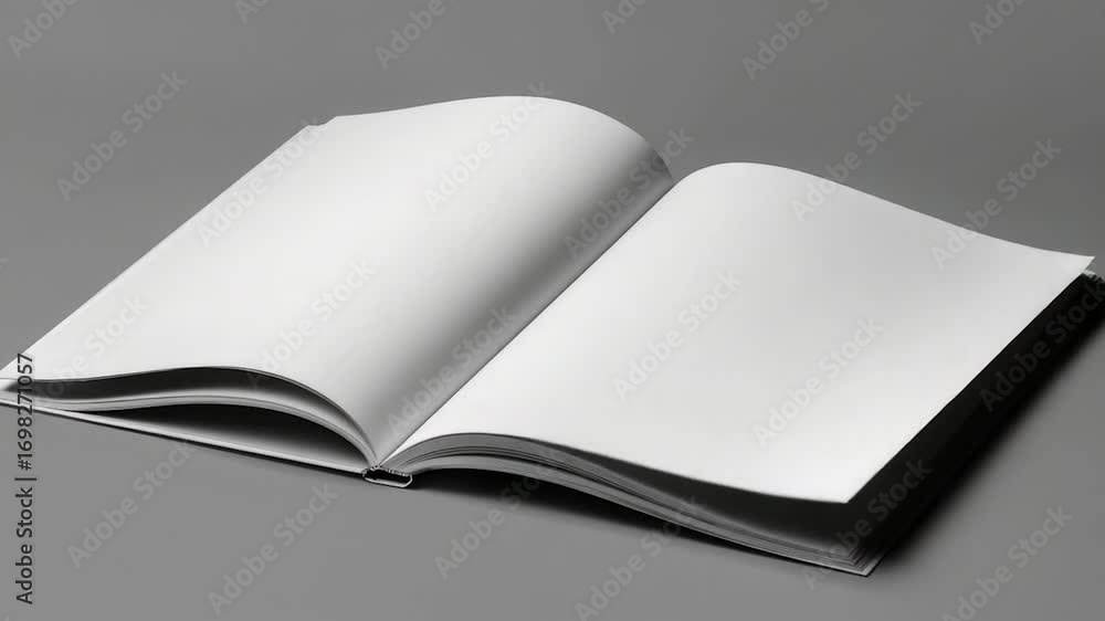 Poster a single open book sitting on a gray surface with a simple and clean background