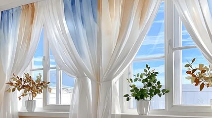 Elegant Light-Filtered Window Treatments with Decorative Plants and Bright Sky View