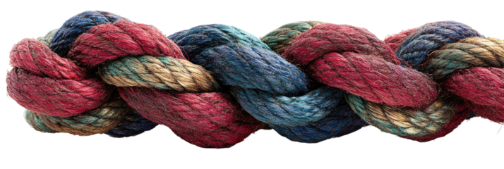 Close-up of a braided rope with intricate patterns of maroon, navy, and beige threads