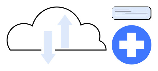 Fototapeta premium Cloud outline with up and down arrows, digital data representation, and healthcare cross icon. Ideal for technology, cloud computing, healthcare, innovation, data management, connectivity simple