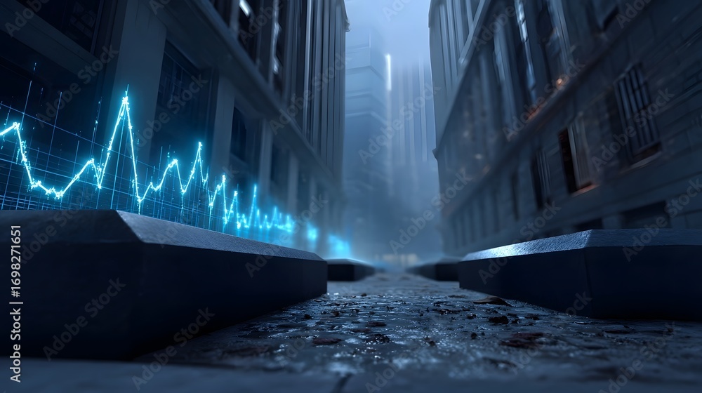 Aufkleber a futuristic and moody cityscape with skyscrapers and a dark street, featuring financial data analyt