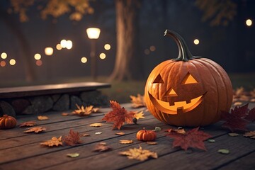 Photo-Realistic Halloween Jack-O’-Lantern Pumpkin with Autumn Leaves and Warm Glow