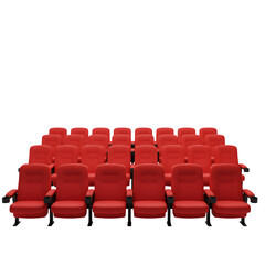 Naklejka premium Rows of red cinema chairs neatly arranged in an empty movie theater, perfect for cinema, entertainment, and design concepts. Isolated on white or transparent background. PNG format.