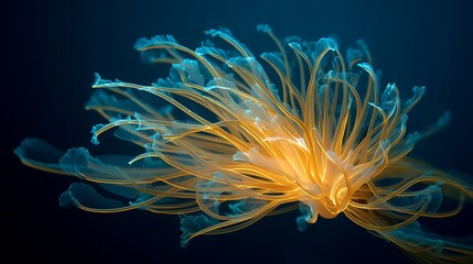 Close up of a glowing jellyfish with translucent tentacles in a dark blue ocean water background