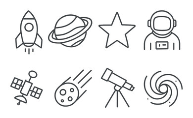 Space exploration icons: rocket, planet, star, astronaut, satellite, asteroid, telescope, galaxy