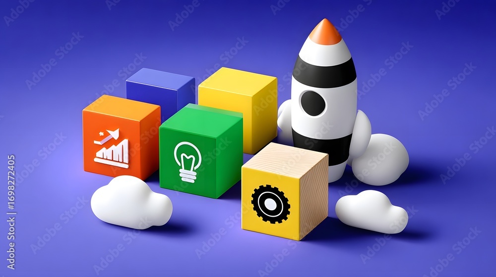 Poster a white rocket ship and colorful cubes with business icons hover among fluffy clouds, representing t