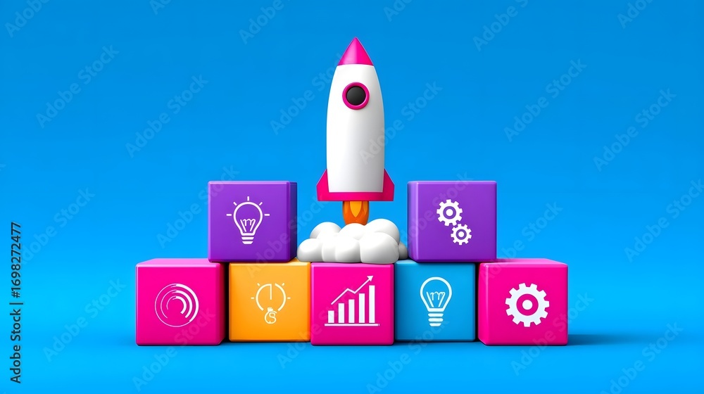 Poster a colorful illust n of a rocket launch emerging from a set of geometric cubes, representing the inno