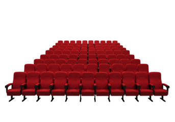 Rows of red cinema chairs neatly arranged in an empty movie theater, perfect for cinema, entertainment, and design concepts. Isolated on white or transparent background. PNG format.