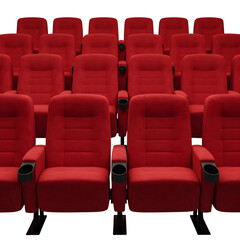 Naklejka premium Rows of red cinema chairs neatly arranged in an empty movie theater, perfect for cinema, entertainment, and design concepts. Isolated on white or transparent background. PNG format.