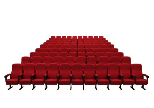 Rows of red cinema chairs neatly arranged in an empty movie theater, perfect for cinema, entertainment, and design concepts. Isolated on white or transparent background. PNG format.