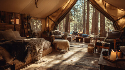 Luxury glamping tent in forest by fire