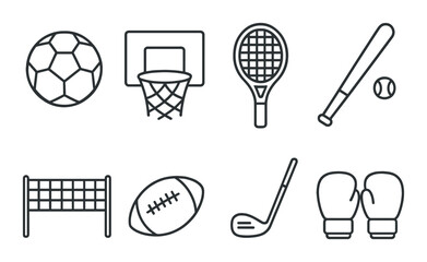 Outline icons of sports equipment: soccer, basketball, tennis, baseball, volleyball, football, golf, boxing