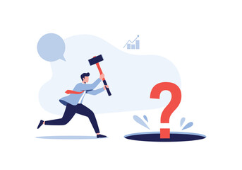 Man with hammer trying to solve a big question mark emerging from a hole illustration