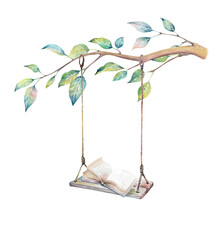 Wooden swing with open book on abstract tree branch with colorful leaves hand drawn watercolor illustration isolated on white background. Children's outdoor single seasaw on ropes clipart for design