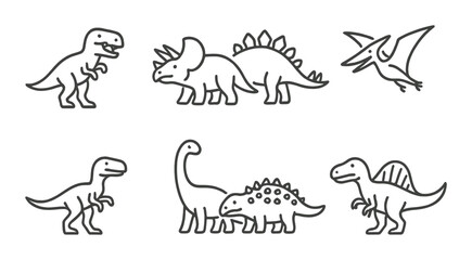 Outline illustrations of various dinosaurs on a dark background