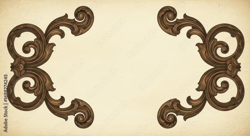 Poster ornate, symmetrical decorative elements with intricate scrollwork, displayed against a light beige b