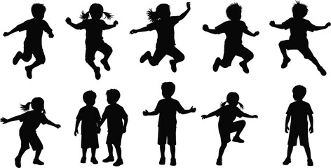 Jumping children silhouette, kids playing outdoors, childhood fun, happy boys and girls, energetic movement, summer playtime, freedom, joy, activity, motion
