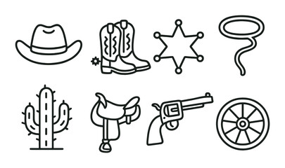Western icon set: cowboy hat, boots, badge, and more on olive background