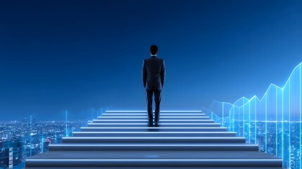 A businessperson stands at the top of a staircase, overlooking a bustling city skyline with graphs and data visualizations in the background, symbolizing growth, success, and strategic vision.
