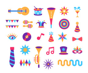 Carnival and purim stuff. Musical instruments, holiday toys, traditional props, geometric forms, masks, sparkles on white background. Modern flat style design.