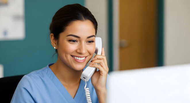 Smiling female receptionist answering phone call in medical office healthcare professional friendly help support service customer care assistance