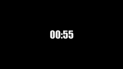 Digital clock 1 minute timer in countdown 4K video motion white color text number stopwatch on black background. - Powered by Adobe