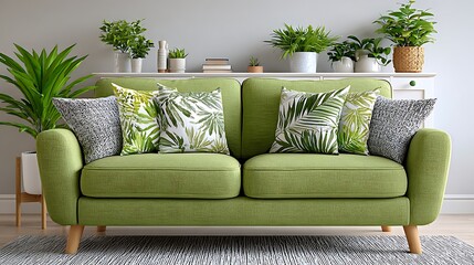 Bright and Friendly Loft Space with Green Sofa and Lush Indoor Plants