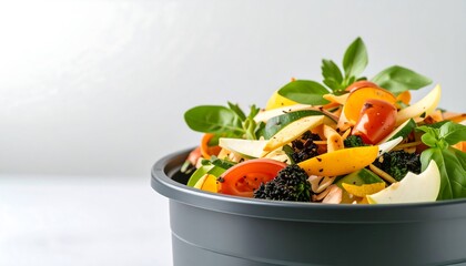 Vibrant vegetable scraps and food waste ready for composting in a stylish grey bin at home