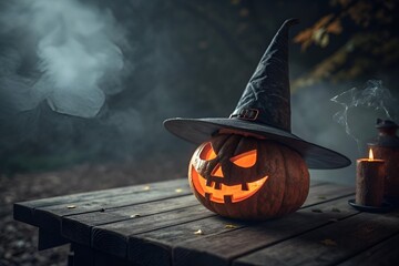 Spooky Halloween Wooden Jack-O’-Lantern Pumpkin with Witch Hat and Smoky Dark Background