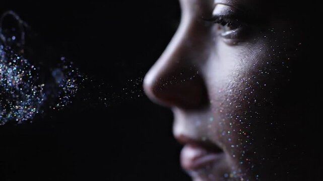Glittering air: artistic slow motion capture of sparkling particles exhalation and portrait