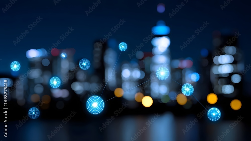 Poster vibrant cityscape at night featuring a panoramic view of a modern urban skyline with towering illumi