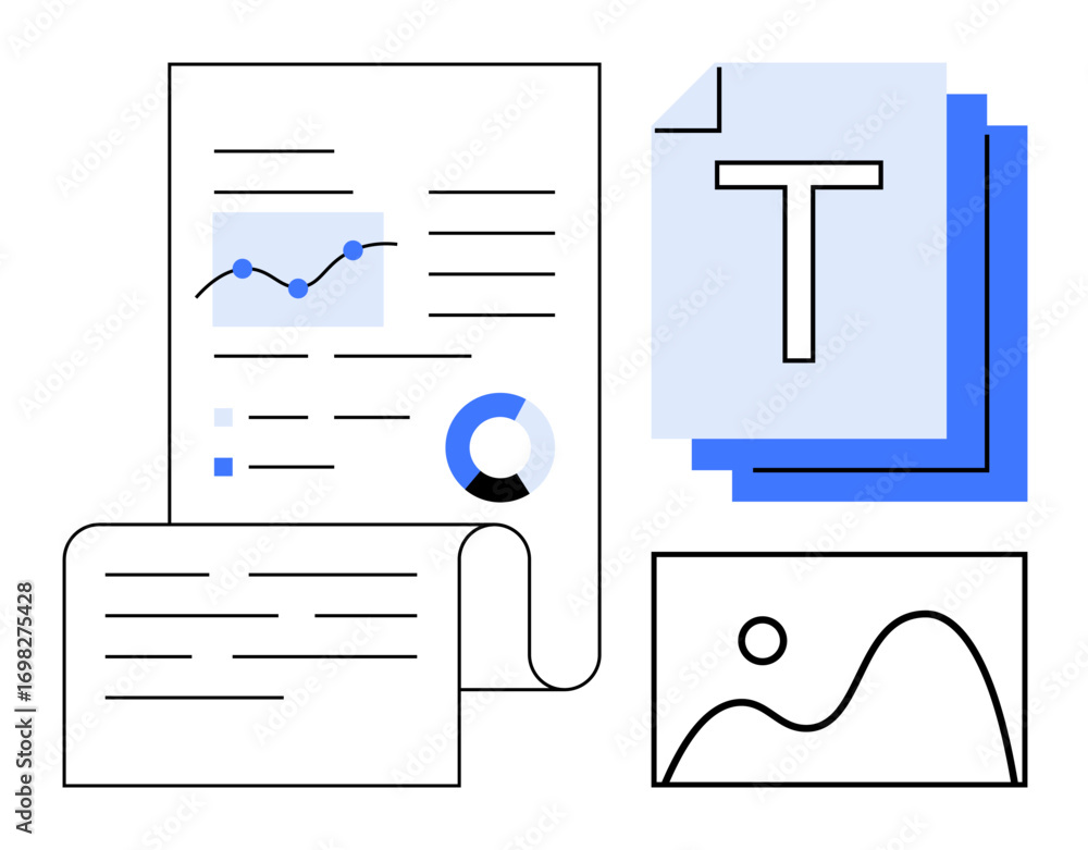Aufkleber documents with text, pie charts, and line graphs alongside images and stacked papers. ideal for data