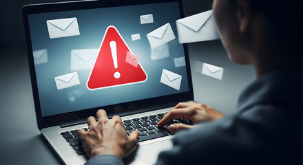 Woman working on laptop receives spam email alert, a warning sign appears on screen, highlighting the dangers of phishing and online security threats.