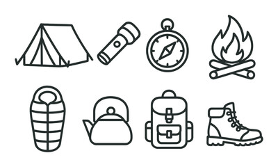 Fototapeta premium Camping essentials icons: tent, flashlight, compass, campfire, sleeping bag, kettle, backpack, hiking boot