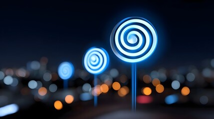 Fototapeta premium Mesmerizing neon spiral lights illuminating the night sky, creating a surreal and futuristic atmosphere against the backdrop of a blurred city skyline.