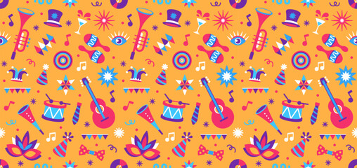 Seamless carnival purim pattern. Musical instruments, holiday stuff, traditional props, masks, sparkles on yellow background. Modern flat style design. © Oksana Kabanchuk
