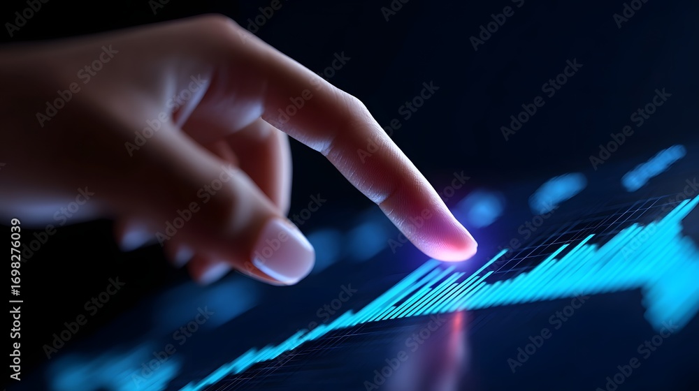 Poster a person's hand pointing at a digital chart displayed on a screen, showing financial data and market