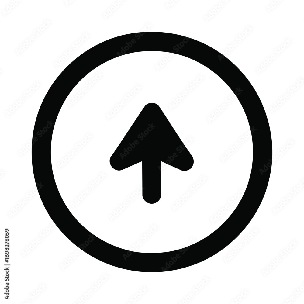 Poster a simple black arrow pointing upwards centered within a black circle on a white background.