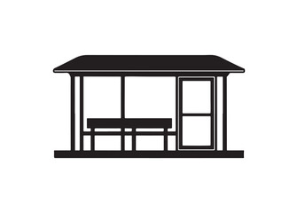 Fototapeta premium Black silhouette of bus stop shelter with roof and bench, vector design isolated.