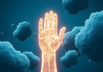 Glowing Hand Reaching Through Digital Cloudscape Abstract Artwork:  A Futuristic Vision of Connectivity and Transcendence