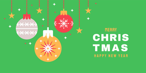 Christmas decoration banner with new year balls and lettering composition on green background. Modern flat design Christmas and New Year holiday poster.