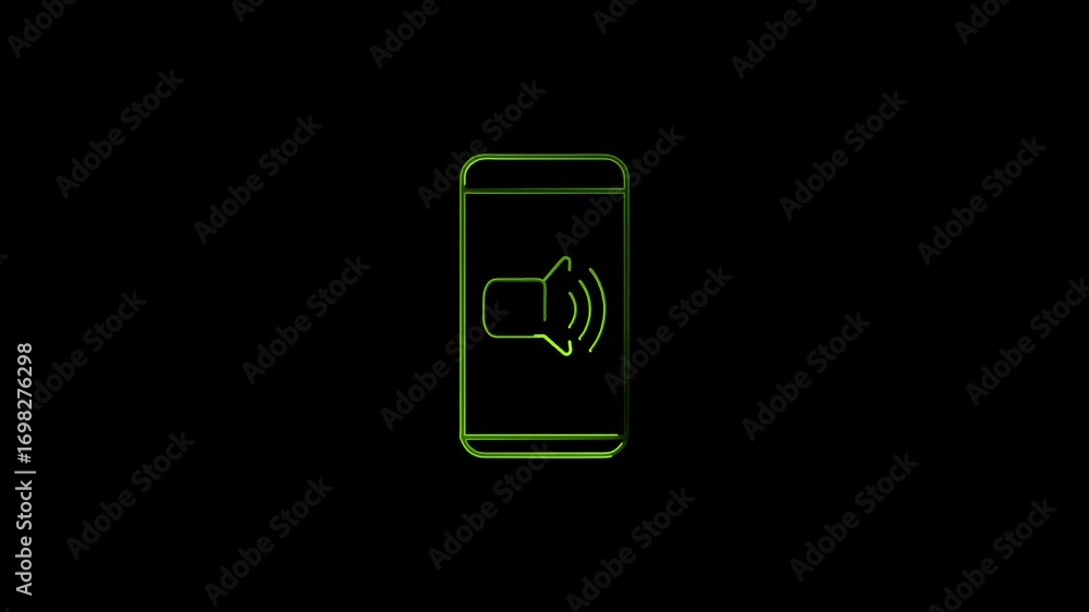 Poster green outline of a smartphone with a speaker icon inside on a black background mobile device