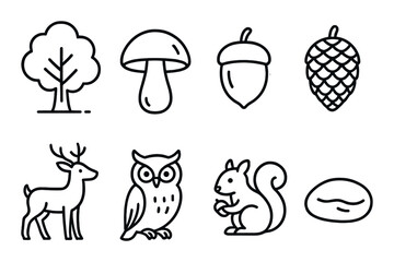 Nature icons: tree, mushroom, acorn, pinecone, deer, owl, squirrel, seed