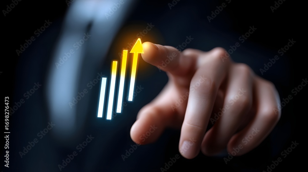 Poster a hand reaching out to interact with a digital display showing data, graphs, and charts, indicating 