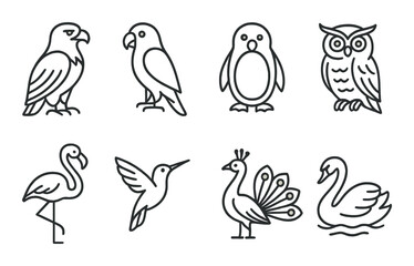 Outlined icons of various birds on dark background with smooth gradients