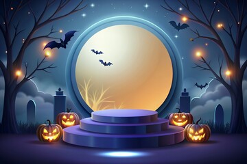 Spooky halloween scene with jack o lanterns and full moon