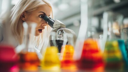Scientist examining samples through microscope surrounded by colorful lab glassware - Powered by Adobe